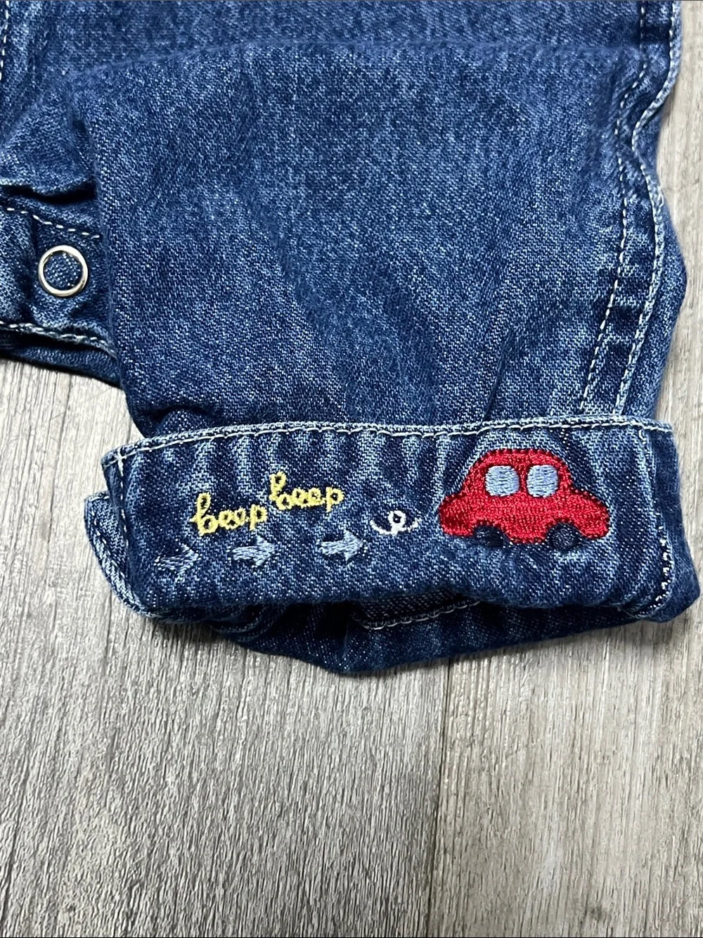 Vintage Y2K Oshkosh B’gosh Teddy Bear in Car Denim Cuffed Overalls/ size- 0-3M